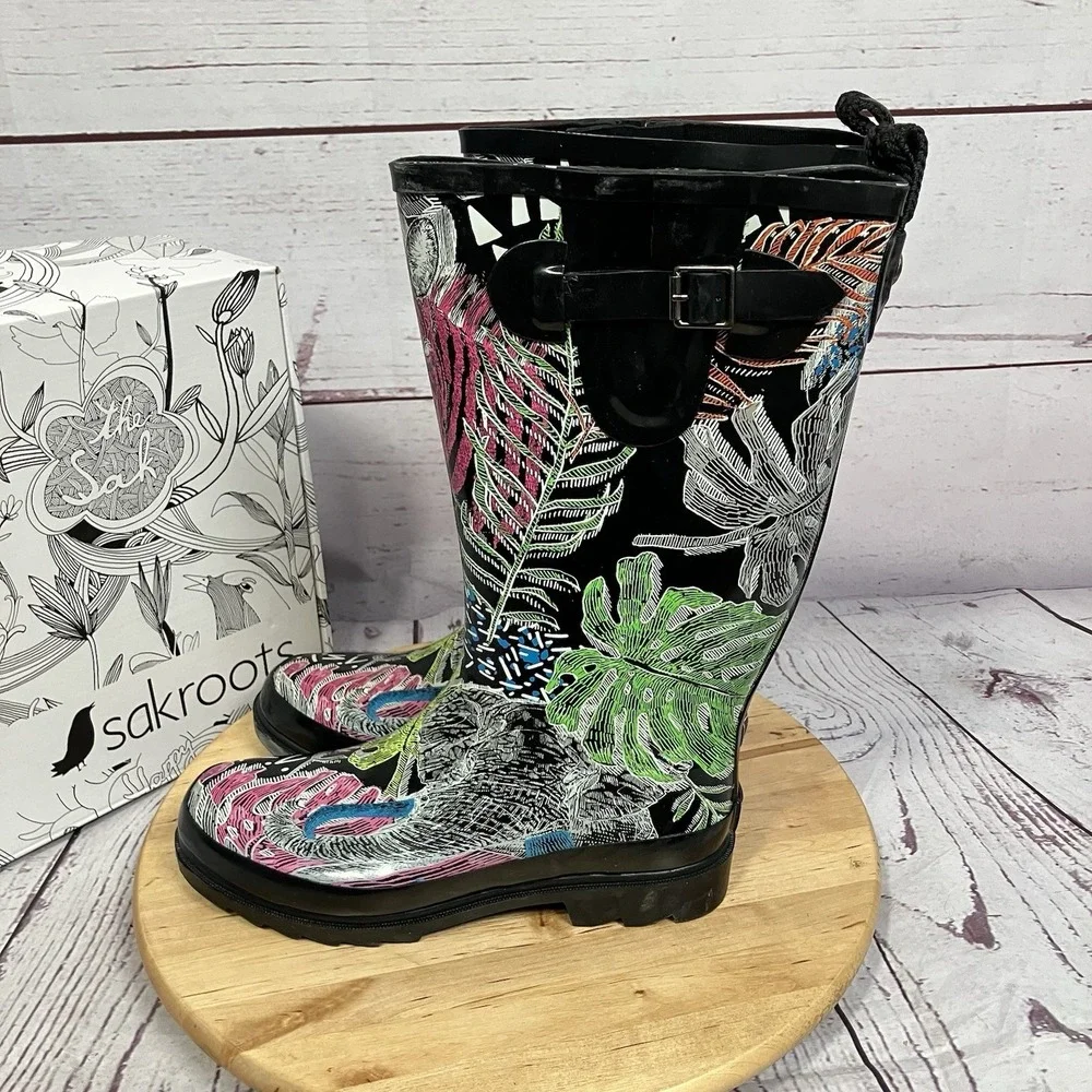 Sakroots Rhythm Rain Boots Black Floral Zebra Tall Womens Size‎ 9 Festival Art